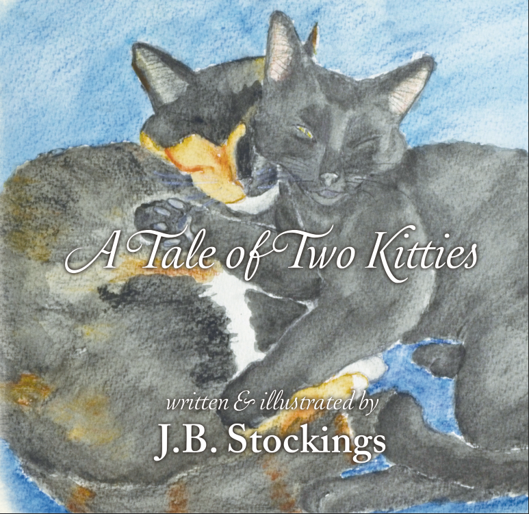 Cover of A Tale of Two Kitties. Watercolor of a calico cat and a younger black cat snuggled up together.