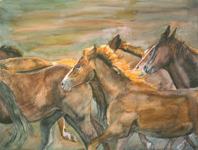 Water color painting of a herd of horses running as a group.