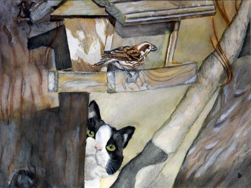 Water color painting. A bird feeder hangs in a tree. A sparrow is at the feeder. A tuxedo cat looks around the branch of the tree, looking up at the bird.