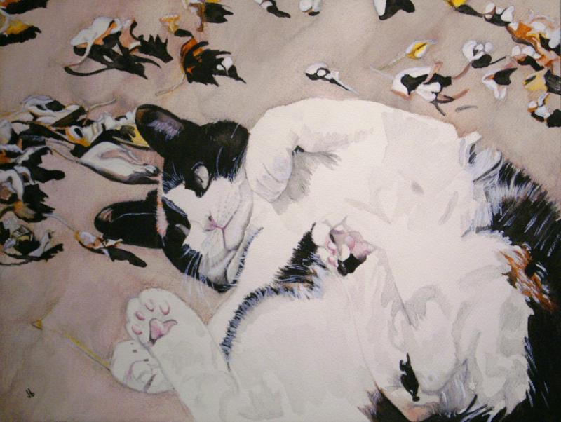 Watercolor painting. A white and calico cat lolls on a sidewalk among fallen autumn leaves.