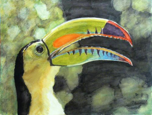 Watercolor painting of a toucan from the side.