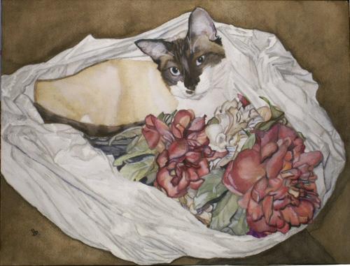Watercolor painting of a cat with siamese coloring. The cat is curled up in a plastic shopping back with several fake flowers.