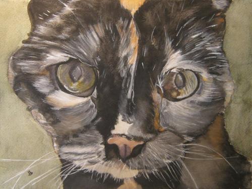 Watercolor portrait close up on the face of a cat with mostly black fur that is mottled with streaks of yellow and orange.