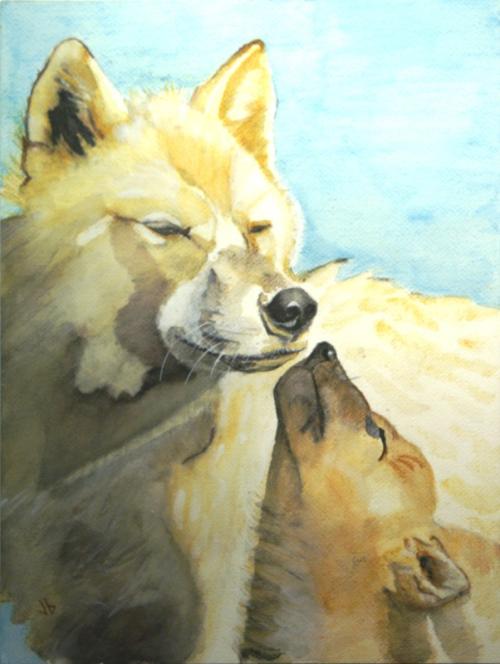 Watercolor painting of a wolf and her cub.