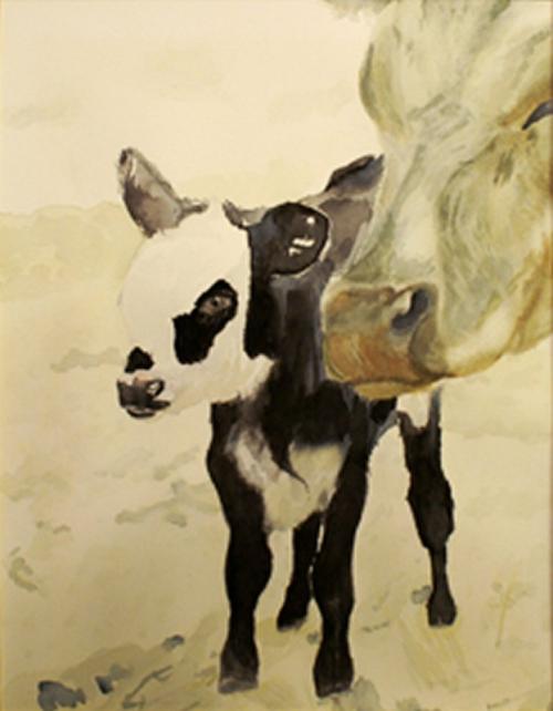 Water color painting of a mother cow and her calf.