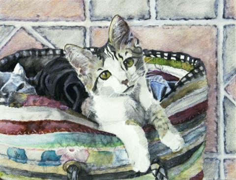 Water color painting of Fiddlesticks the kitten leaning out of a hamper.