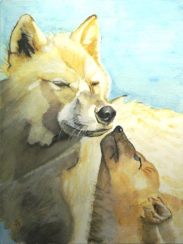 Watercolor painting of a wolf and her cub.