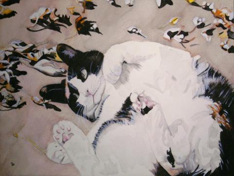 Watercolor painting. A white and calico cat lolls on a sidewalk among fallen autumn leaves.