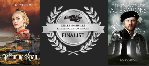 book covers for The Terror of Roan and Times Agents: Alterations with the Killer Nashville finalist sticker in between
